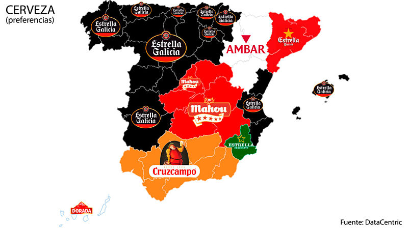 Mapa de España en el que se indica por comunidades autónomas las cervezas mejor valoradas de España, distribución y comercializacion de Estrella Galicia en Salamanca