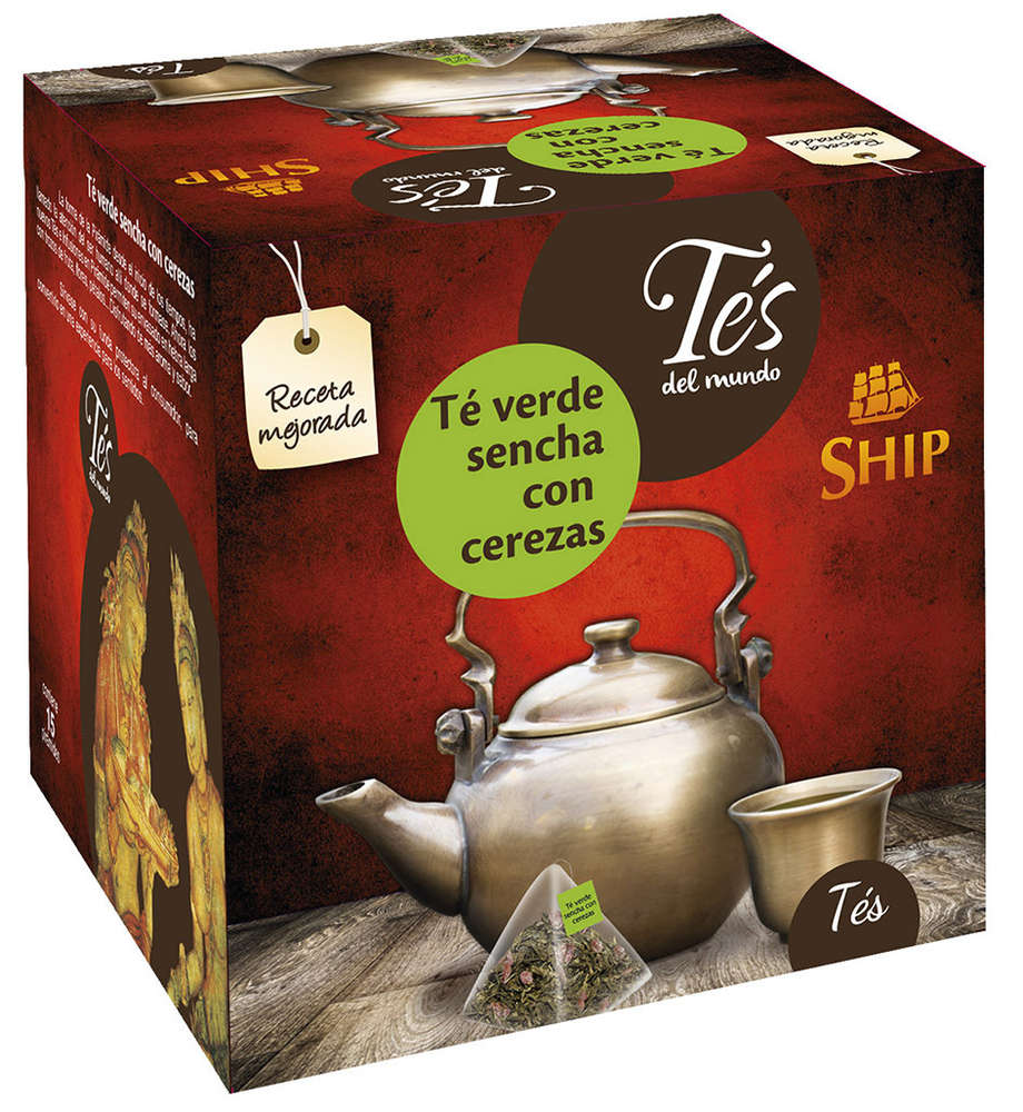 Caja de tés ship pirámide, té sencha con cerezas, distribuidores de cafés y tés